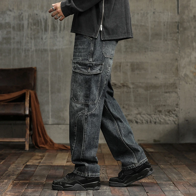 men's autumn straight work jeans Loose straight fit multi-pocket fashionable men's jeans Versatile street plus size trousers