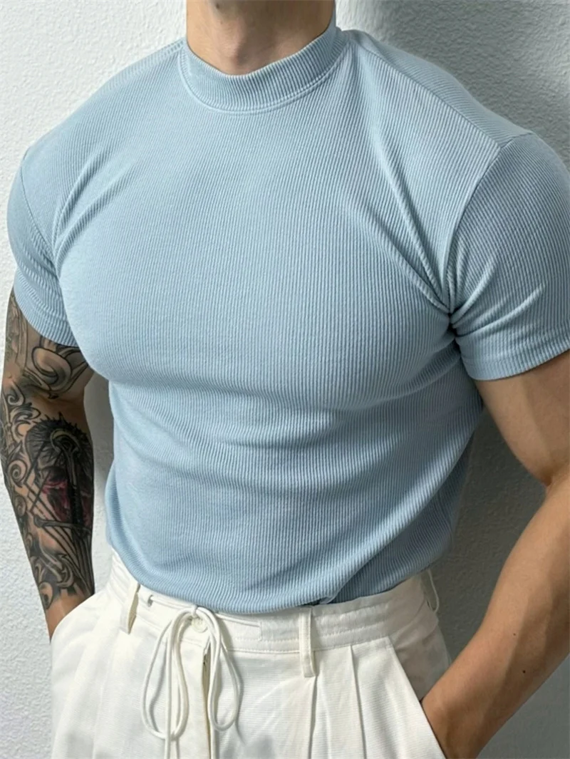 2025 Summer Men's Ribbed Mock Neck T-Shirt Slim Fit Muscle Short Sleeve Breathable Stretchy Casual Fitness Gym Tops