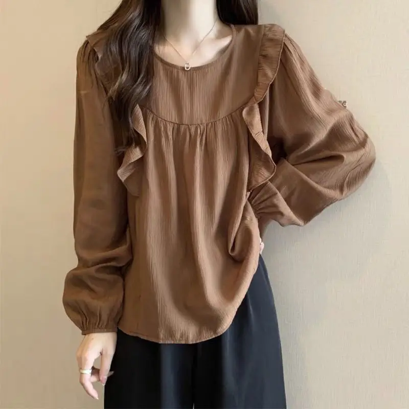 Ruffles Shirts and Blouses Korea Solid Elegant and Youth Woman Blouses Female Top Long Sleeve Chiffon Autumn Clothes 2024 New