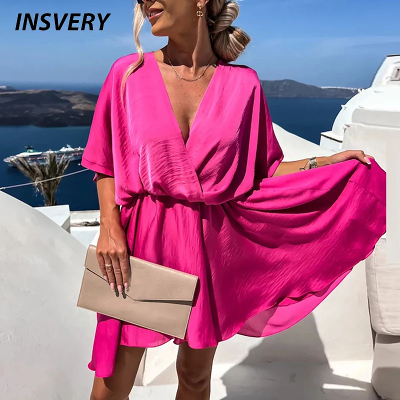 Sexy V Neck Dresses For Women Elegant Short Sleeve Solid A-line Loose Mini Dress Women Casual Beach Party Dress Boho 2024