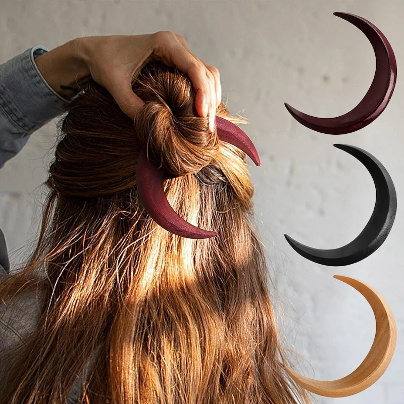 Simple Wood Moon Hair Sticks Hand Carved Wooden Crescent Hair Forks for Women Long Hairpin Comb Styling Fashion Hair Accessories