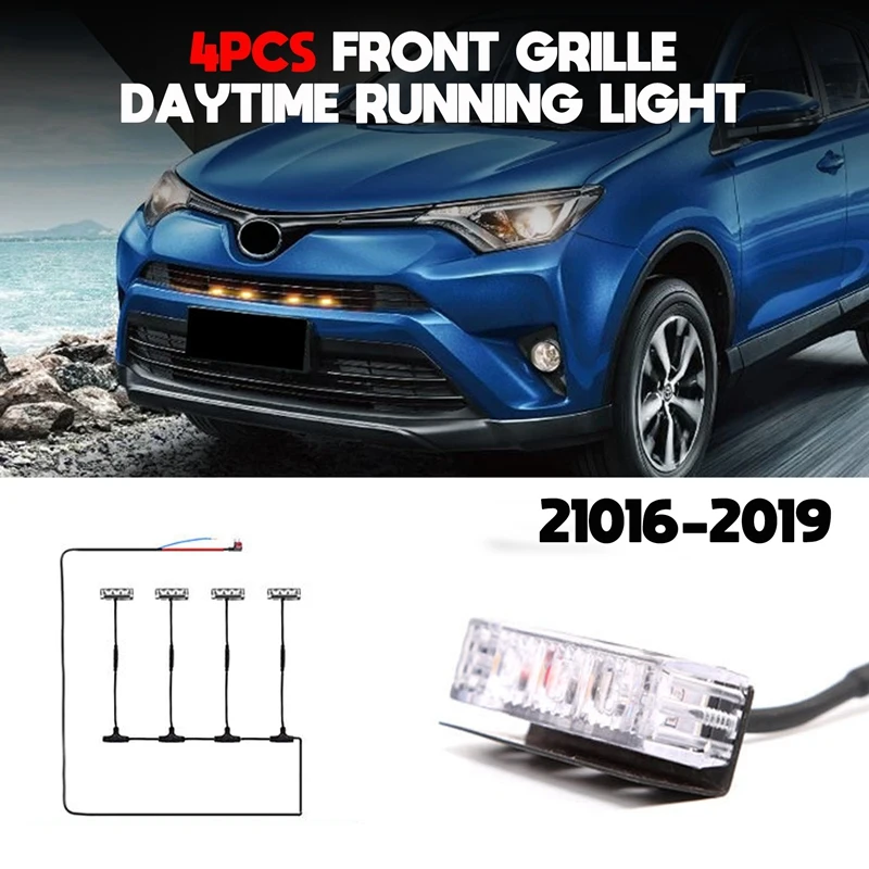 4PCS Car Front Grille LED Lights, For Toyota RAV4 2016 2017 2018 2019 DRL External Grille Driving Lamps