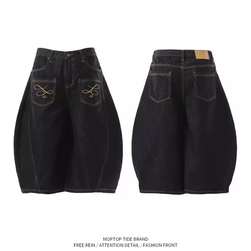 Mr. WH American Retro Embroidered Wide Leg Jeans Loose Fit Casual Shorts for Men And Women Spring Season Denim Pants