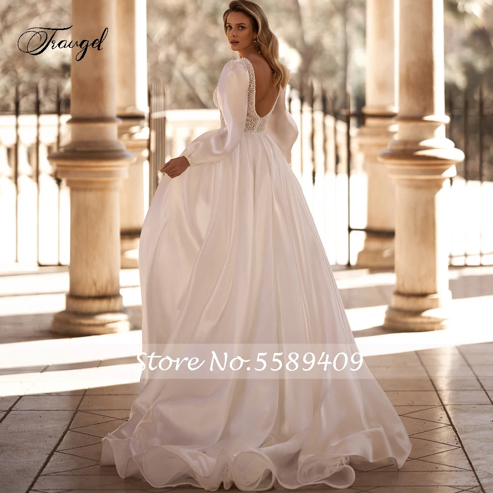 Traugel Sexy Backless V Neck Long Lantern Sleeve Wedding Dresses Delicate Beaded Lace Court Train A Line Bridal Gown