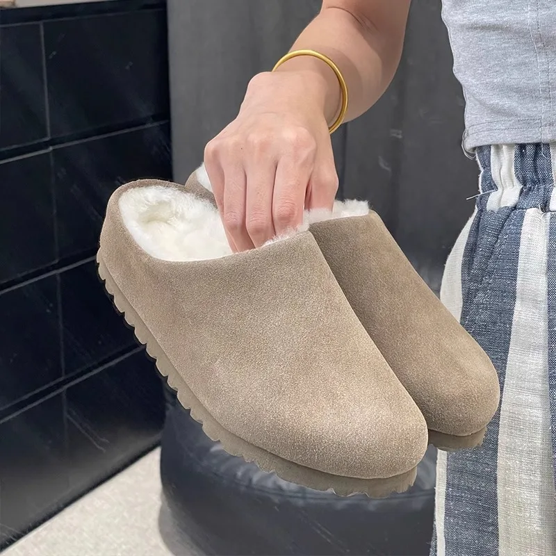 2025 موضة جديدة جلد البقر الصوف حذاء كاجوال للنساء لارتدائها في الشتاء للتدفئة ودواسة الرجعية كسول الرياح نعال من القطن #2