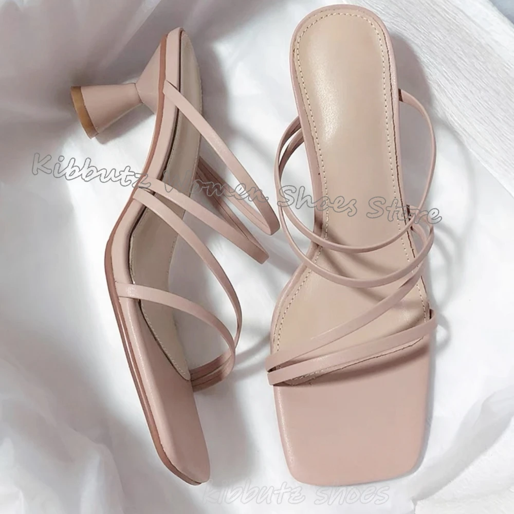 

Spike Strange Heels Slippers Square Toe Cross Strappy Genuine Leather Slip-On Solid Color Fashion Summer Sexy Women Shoes Newest