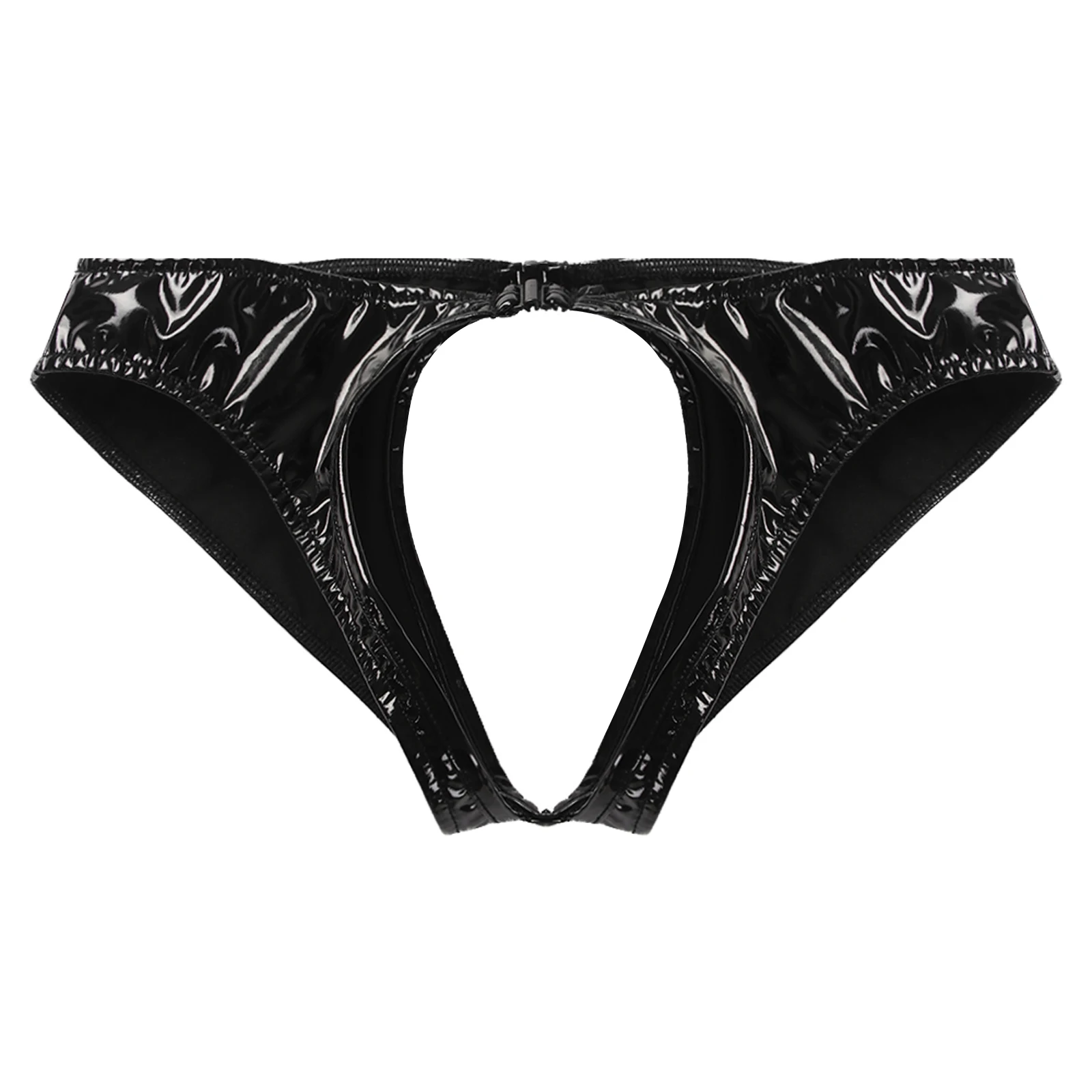 Womens Lingerie Crotchless Thongs Underwear Wet Look Patent Leather Low Waist Sexy Open Butt Briefs Panties Cutout Underpants