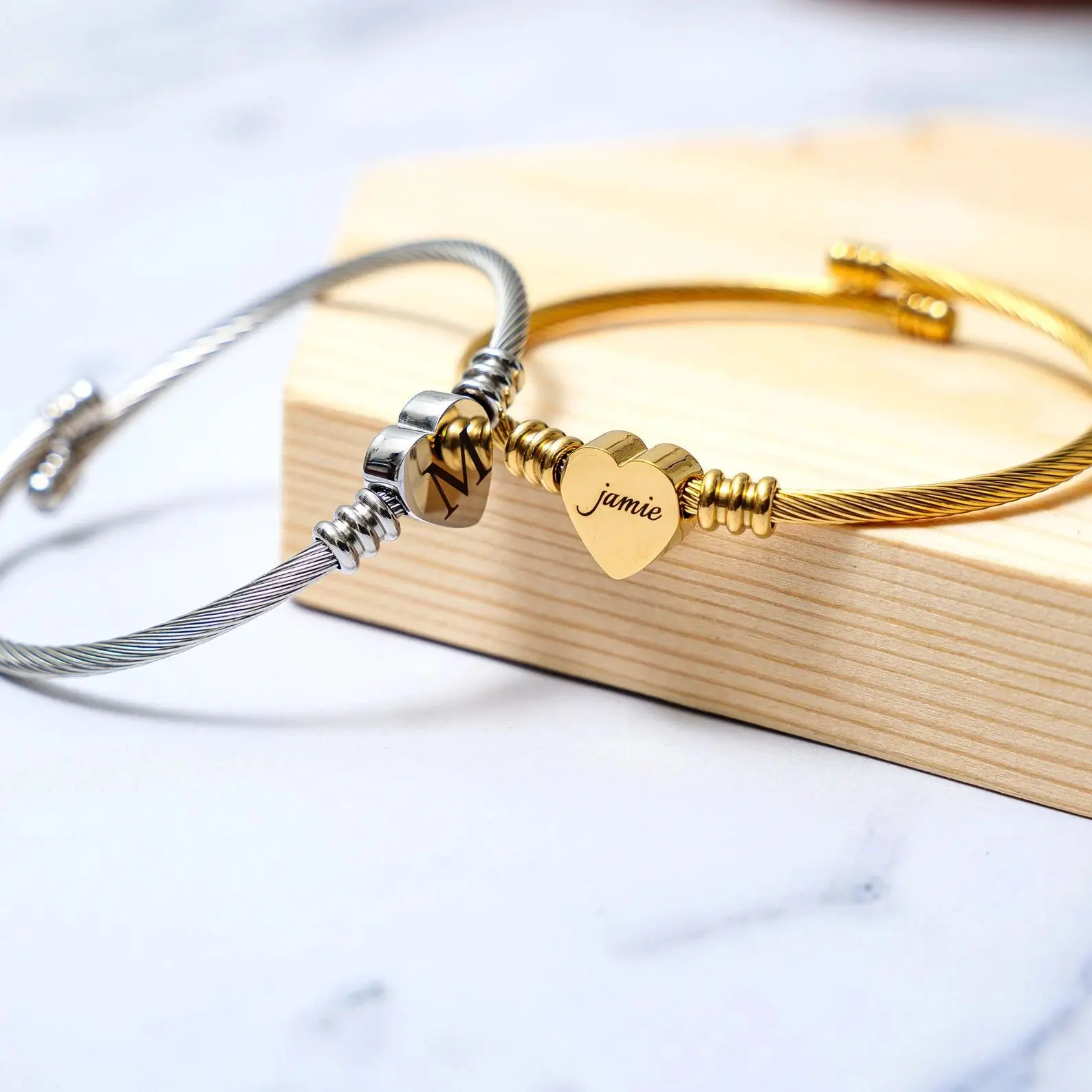 

Personalized Heart Charm w/ Custom Name Engraved - Stainless Steel Wire Bracelet