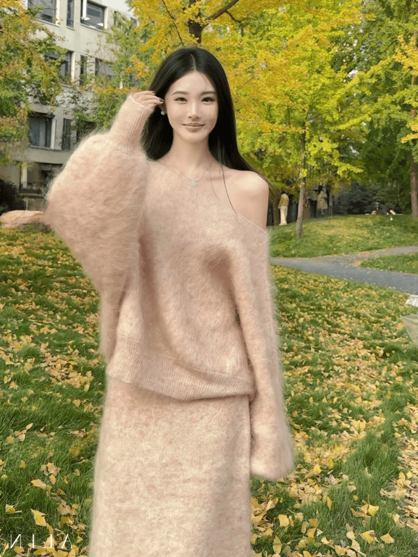 

Casual Knitted Sweater Set Women's Autumn Winter oulder Slanting Lengthened Skirt Two-Piece Set Faionable plus Size Clothes
