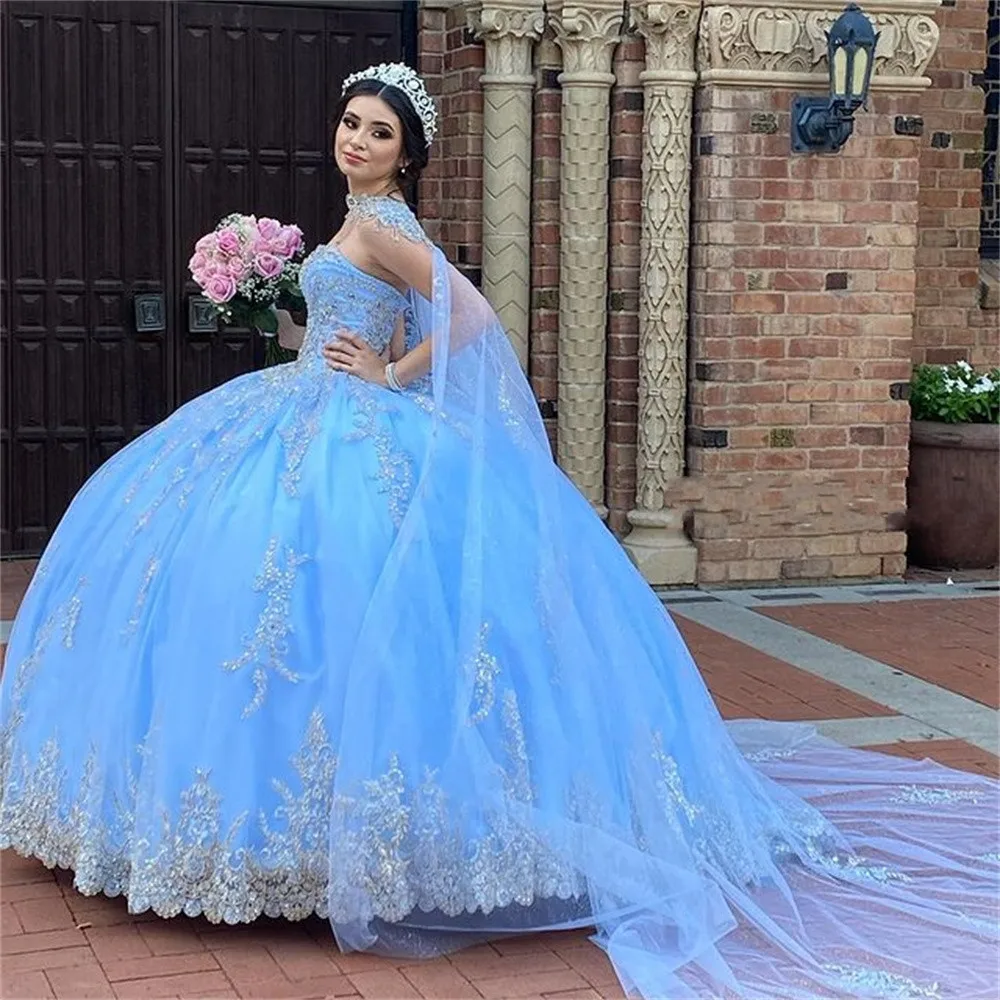 

Sky Blue Crystal Appliqué Quinceanera Dress Prom Dress Cape Wrap Birthday Party Dress Beaded Lace Long Sweet 15 Princess Dress