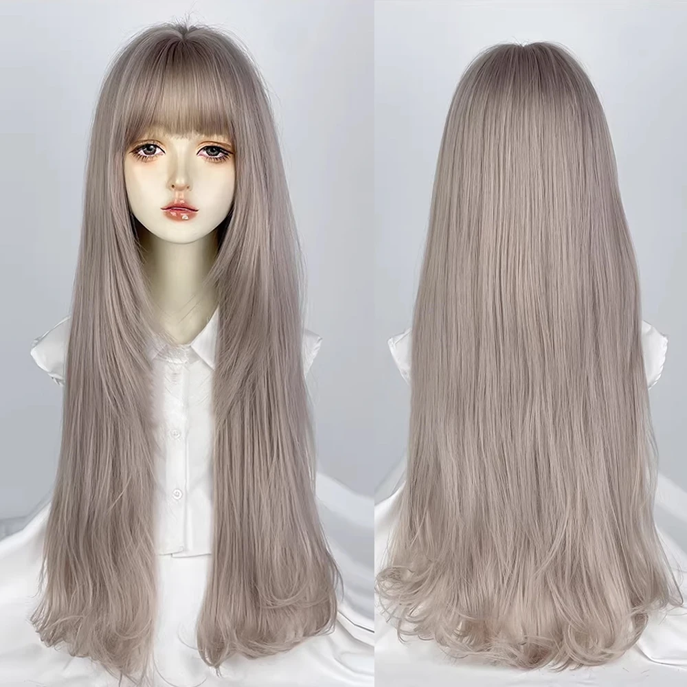

Flax Grey Long Wavy Synthetic Wigs with Bangs Women Fluffy Lolita Cosplay Wig Heat Resistant for Daily Party