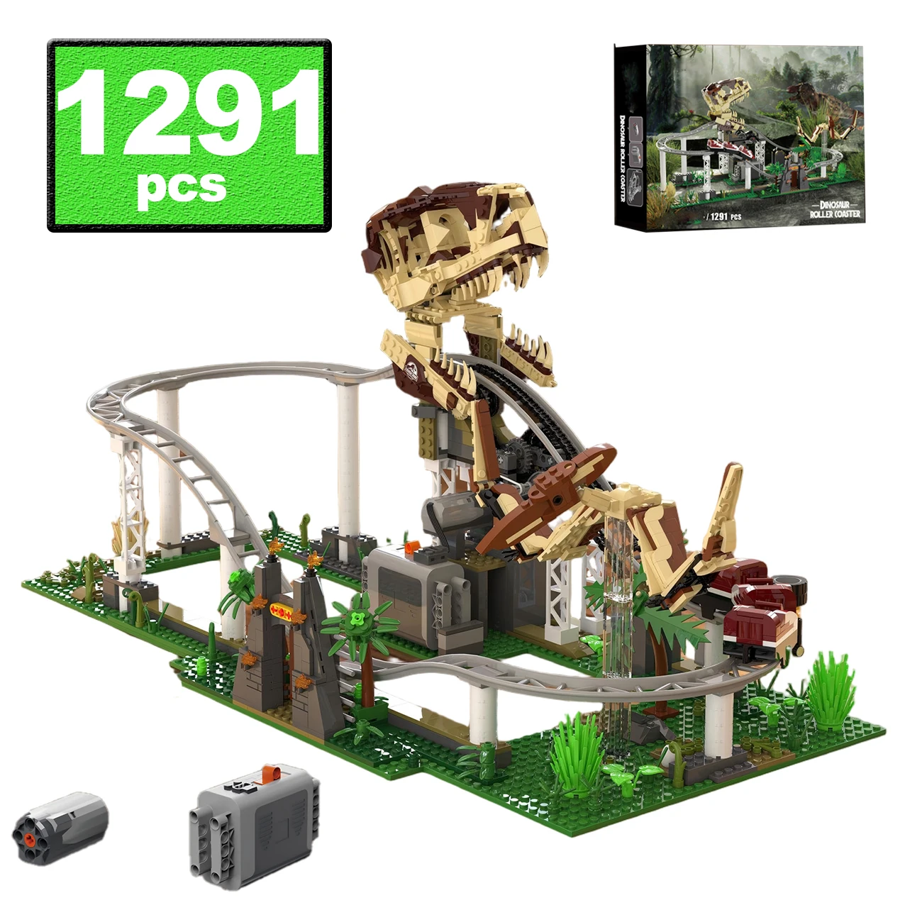 

City Electric Dinosaur Base Roller Coaster Model Building Blocks MOC Pterosaur Loop Jurassic Park Bricks STEM Toy for Kids Gifts