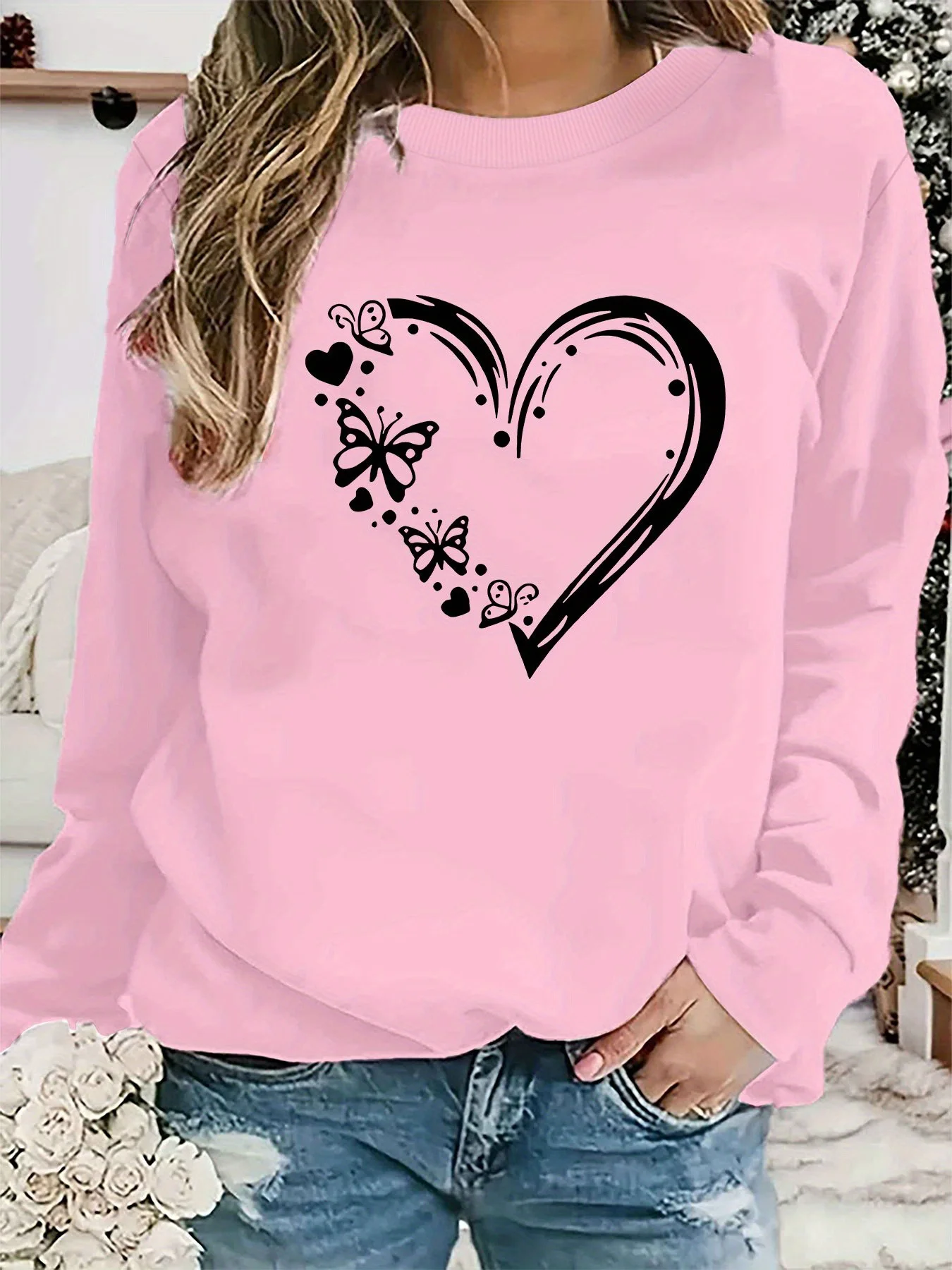 러브 버터플라이 프린트 캐주얼 가을 겨울 따뜻한 베이스 레이어 라운드 넥 긴팔 스웨트셔츠 디자인 센스 도매