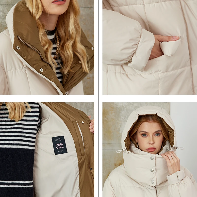 PINK CHIC 2023 New Winter Coat Parka Women High Quality Beige Warm Lace up Hooded short version Down Jackets Female W8240