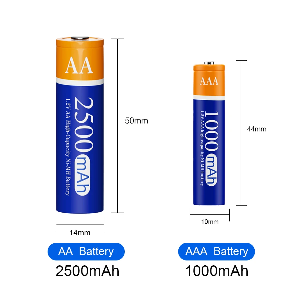 Baterias recarregáveis AA de alta capacidade 2500mAh 1.2V + bateria AAA 1000mAh 1.2V Bateria recarregável NI-MH AA AAA com caixa