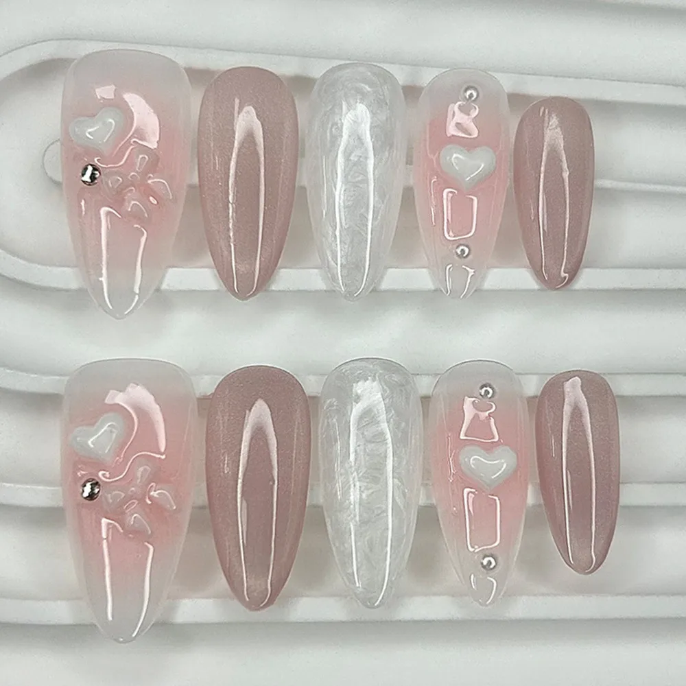 

10 Pieces Sweet Romantic Dreamy Handmade Pressed On Nails 3D Love Bow Velvet Blush Fake Nails Art Removable and Reusable