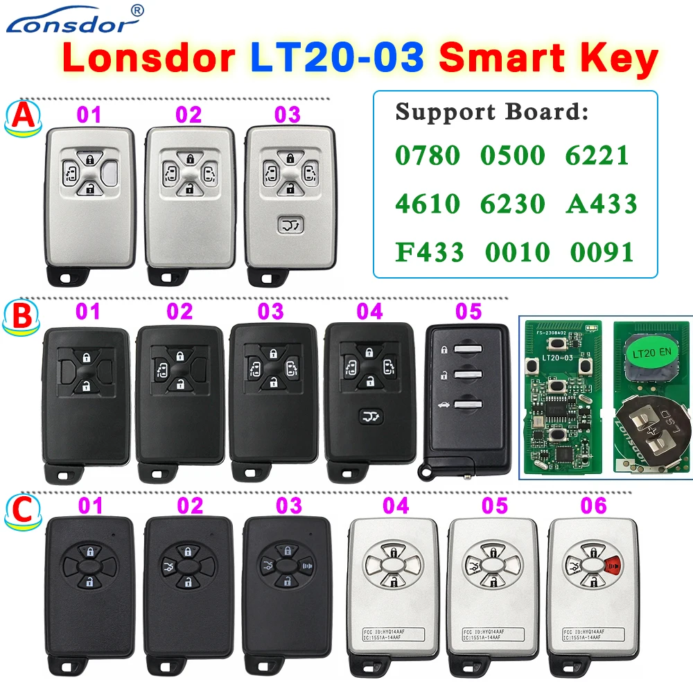 

Lonsdor LT20-03 5 Buttons Smart Key PCB 8A+4D For Toyota Subaru Adjustable Frequency Support 0780 0500 0091 6221 4610 6230 0010