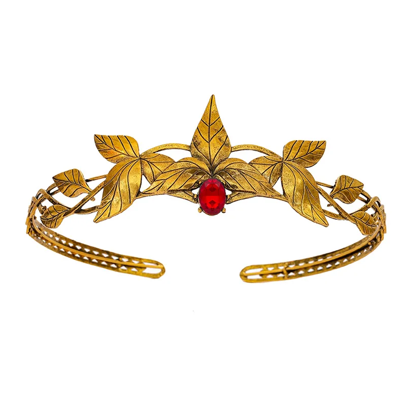Vintage Gold Color King Round Elves Crown Crystal Goddess Tiaras Women Man Vintage Leaf Headband Diadem Bridal Hair Accessories - view 6