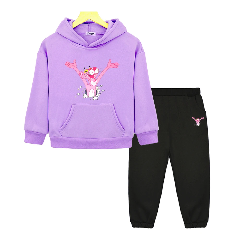 

Disney Autumn boys girls Hooded Spors Sets Pink Panther print hoodie Fleece Sweatshirt 2PCS pullover+Pants kids boutique clothes