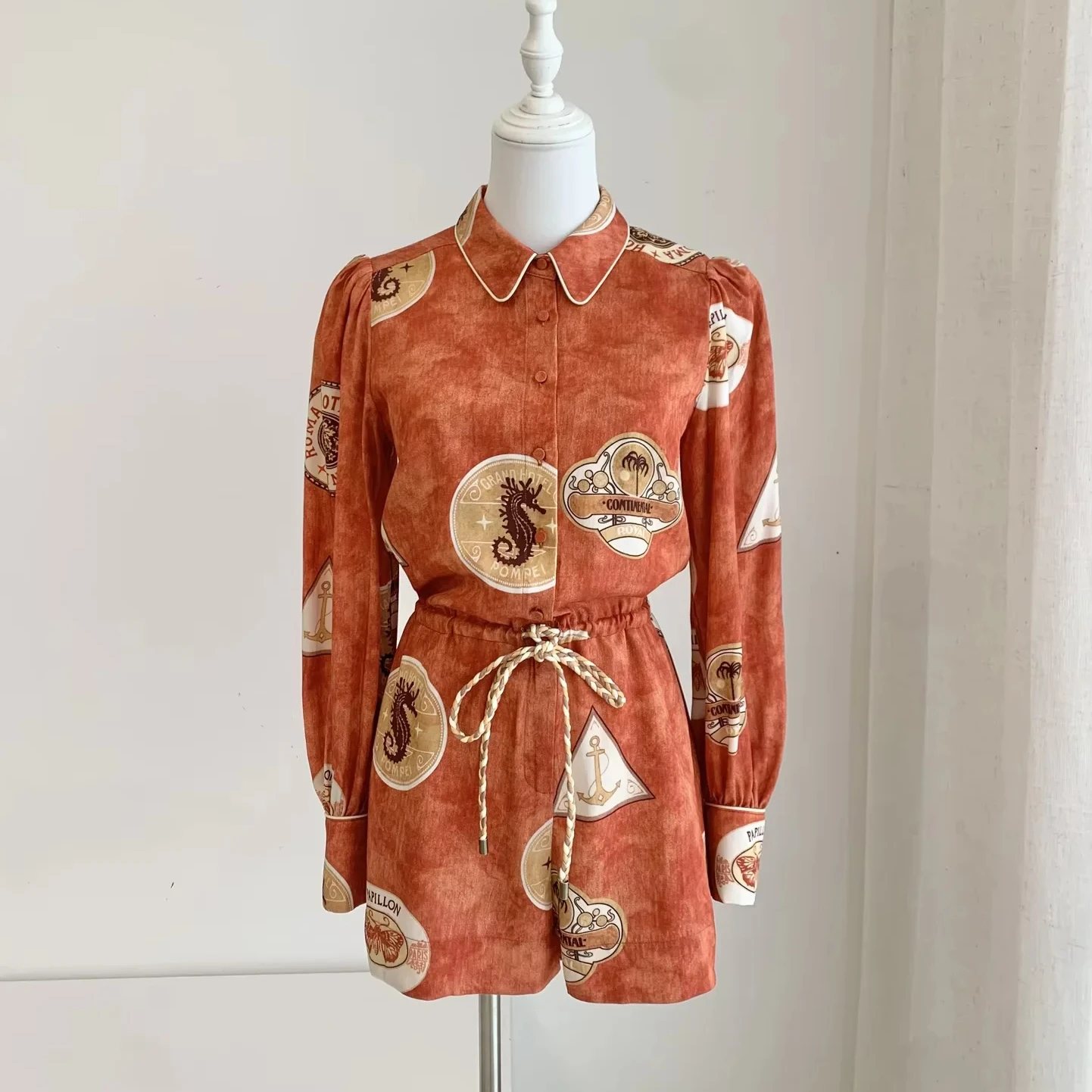 

Women Red Jumpsuit Turn-down Collar Elastic Waist Long Sleeve Casual Female Rompers