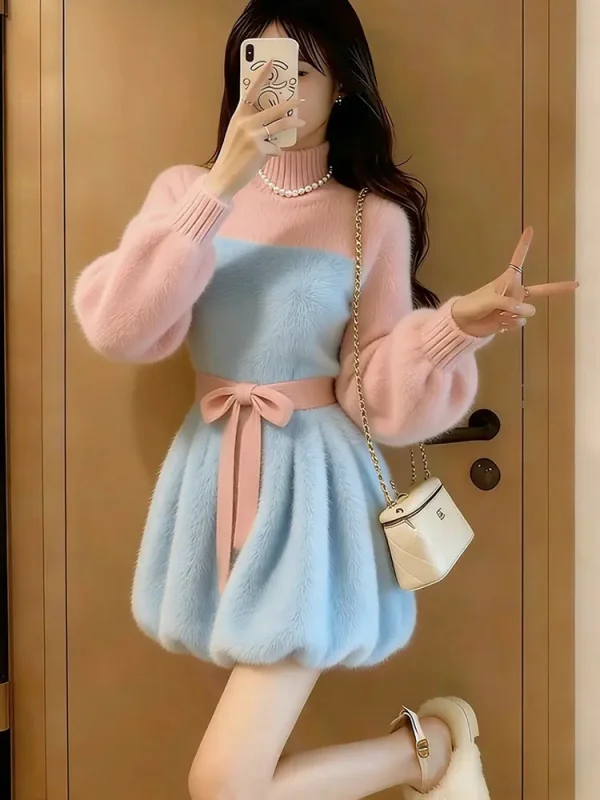 

Зимнее женское платье с длинными рукавами, розово-голубое, в стиле пэчворк, с завышенной талией, приталенное, свободного кроя, из полиэфирного волокна