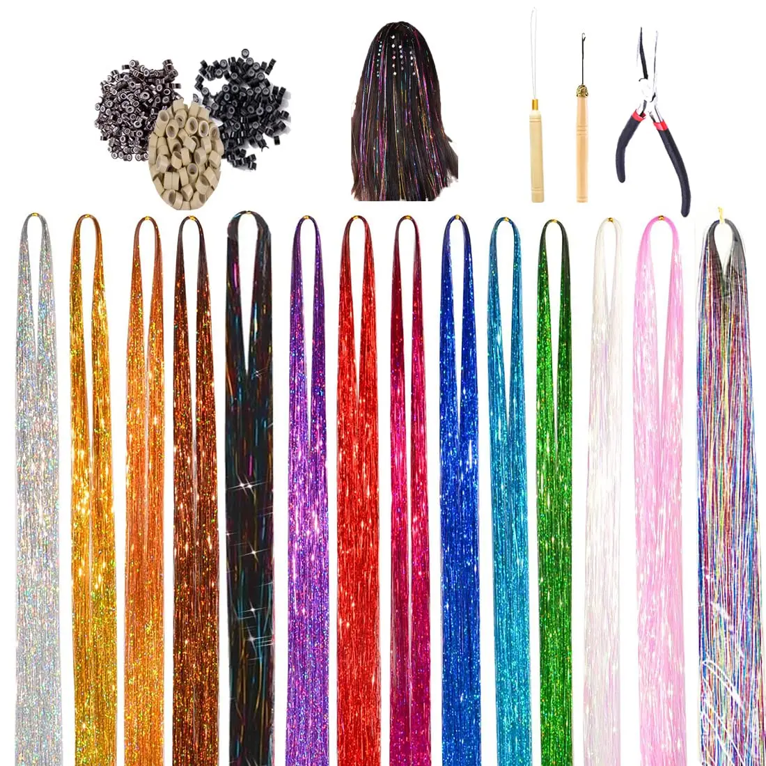 

16 Color 47" Glitter Tinsel Hair Extensions Kit, Heat Resistant with Beads, for Halloween Christmas Party Women Girls