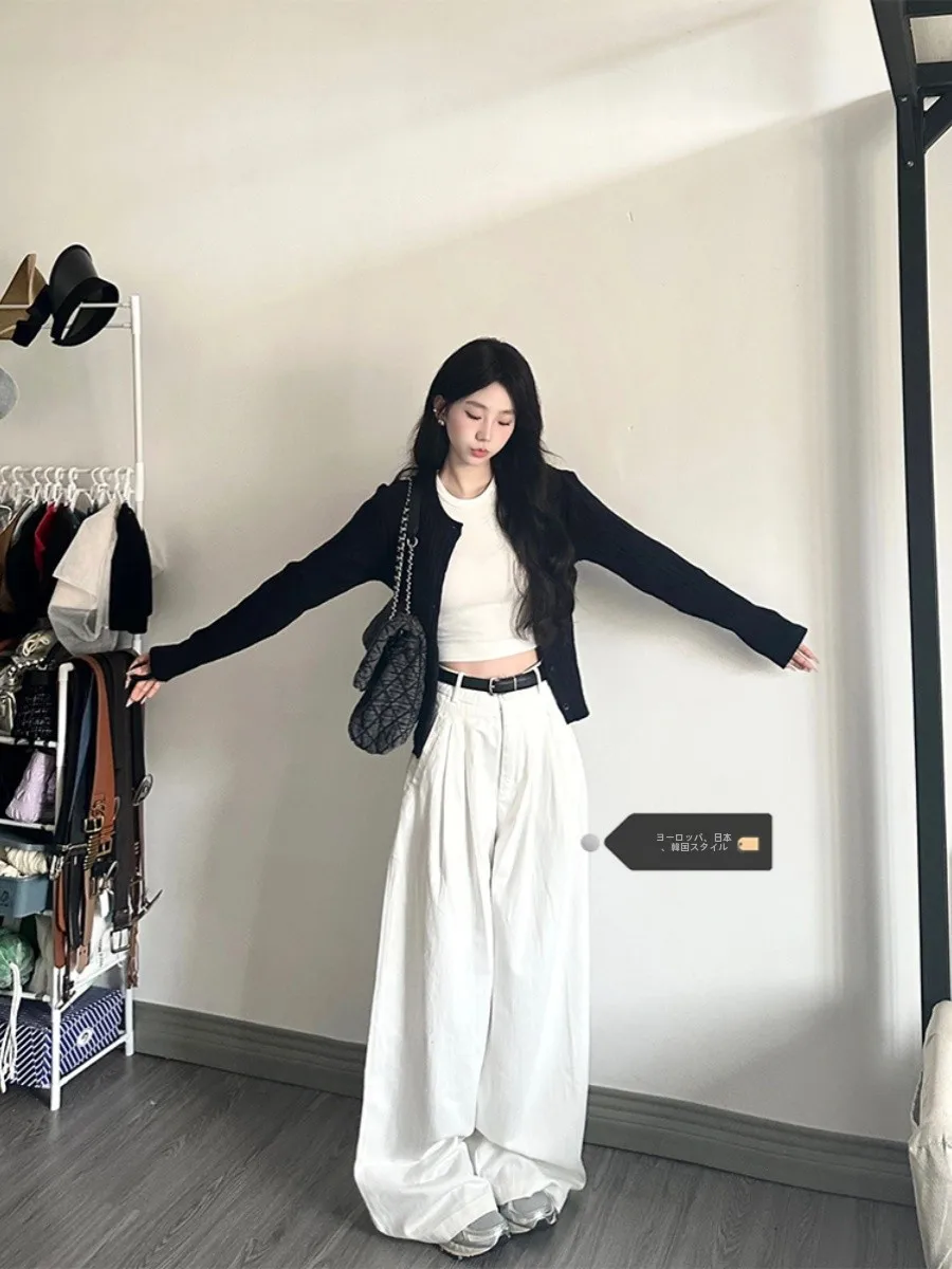 ハイウエストワイドレッグジーンズ女性のルーズフィットロングパンツホワイトデニム秋のファッション痩身ドレープカジュアルハイウエストジーンズ