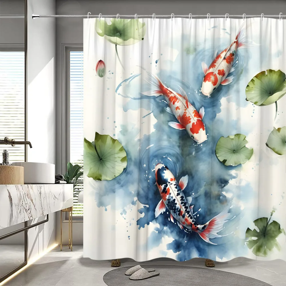 Koi Shower Curtain River Stone Lotus Leaf Lotus Fish Modern Peach Blossom Nature Scenery Polyester Fabric Bathroom Decor Curtain