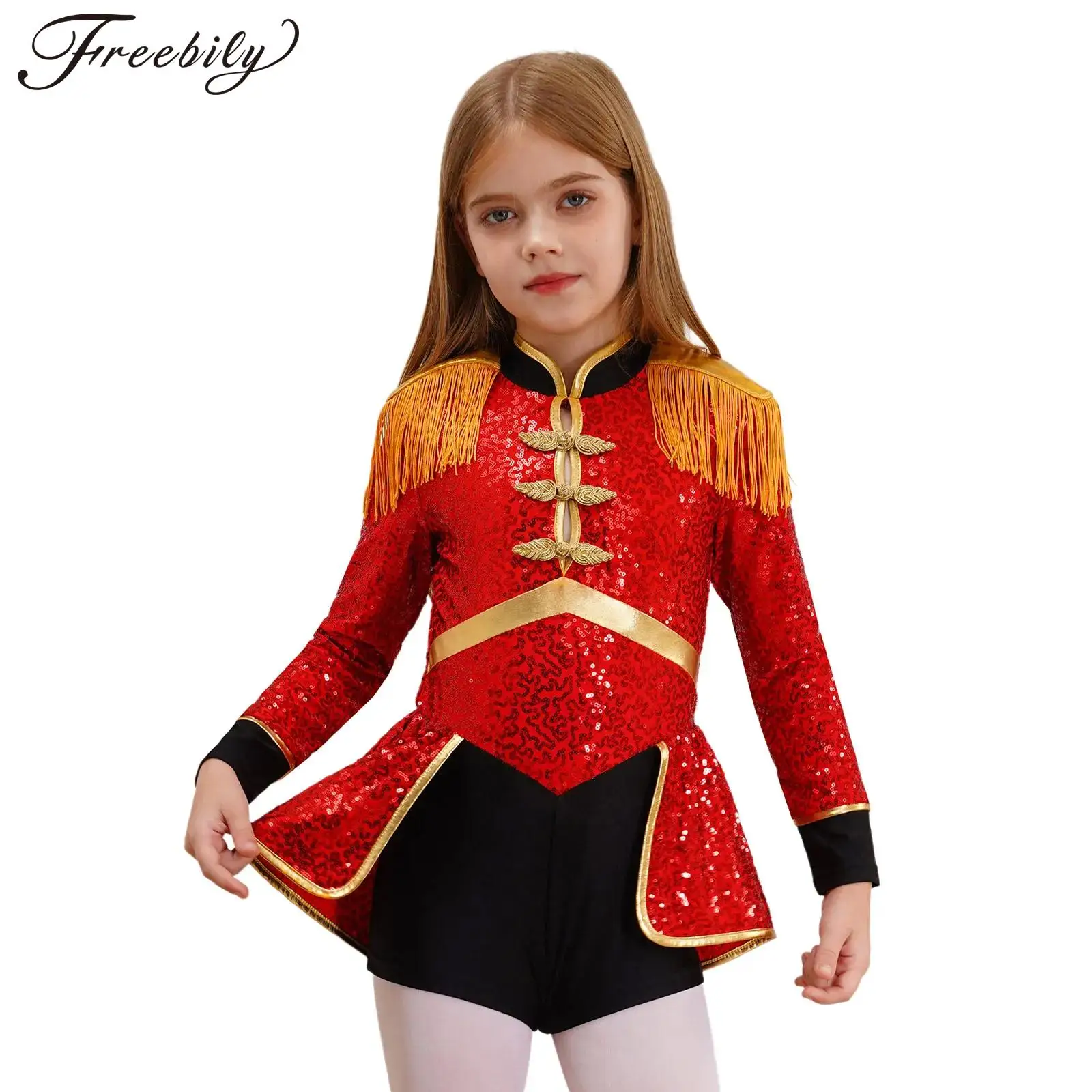 

Kids Girls Circus Ringmaster Costume Magician Drummer Long Sleeve Fringe Bodysuit Carnival Halloween Cosplay Fancy Dress Up