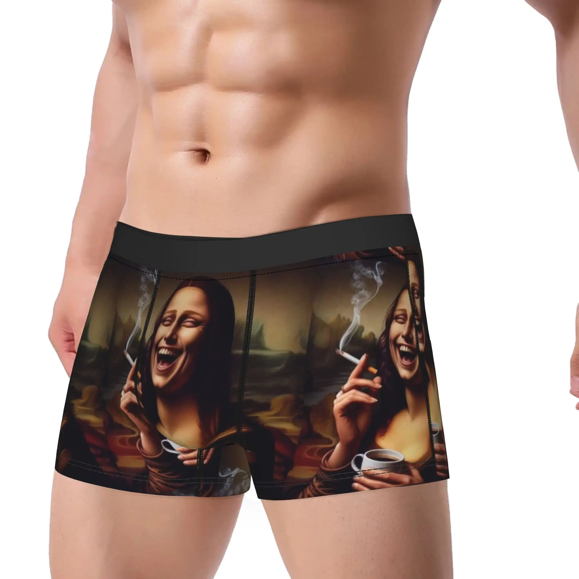 Funny Smoking Coffee Mona Lisa Underwear  Custom Boxer Shorts Hot Sale Men's Panties Sexy Soft Boxer Brief Birthday Gift