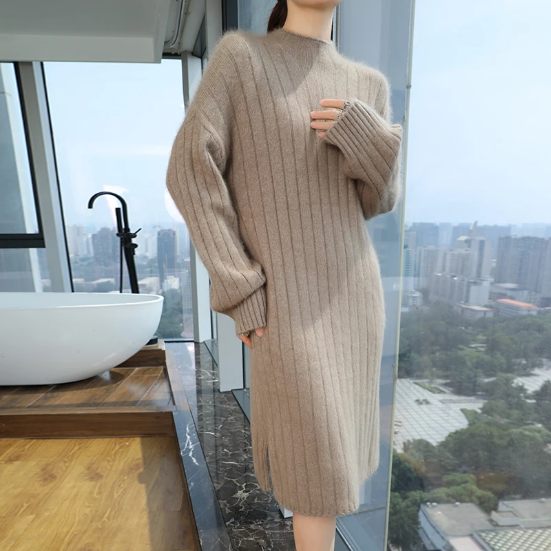 

Autumn And Winter New Mink Cashmere Dress Thick Striped Semi-High Collar Wool Bottoming Skirt Over The Knee Long Sweater Skirt