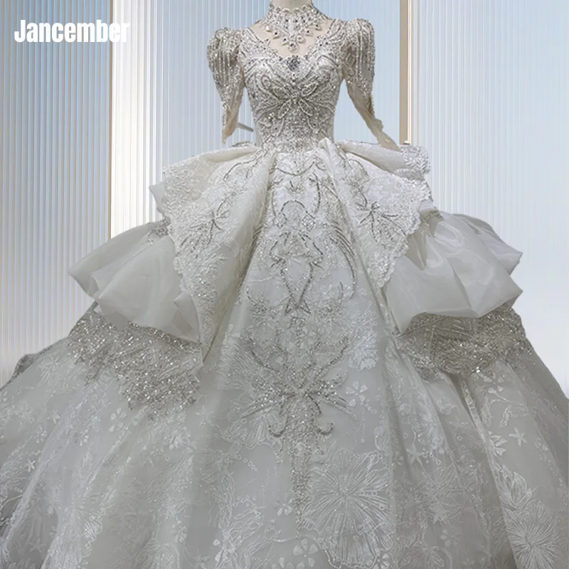 

Jancember Princess Wedding Dresses For Women 2023 Bride Full Sleeves High Neck Button Backless Bow Tiered Suknia ślubna XS005