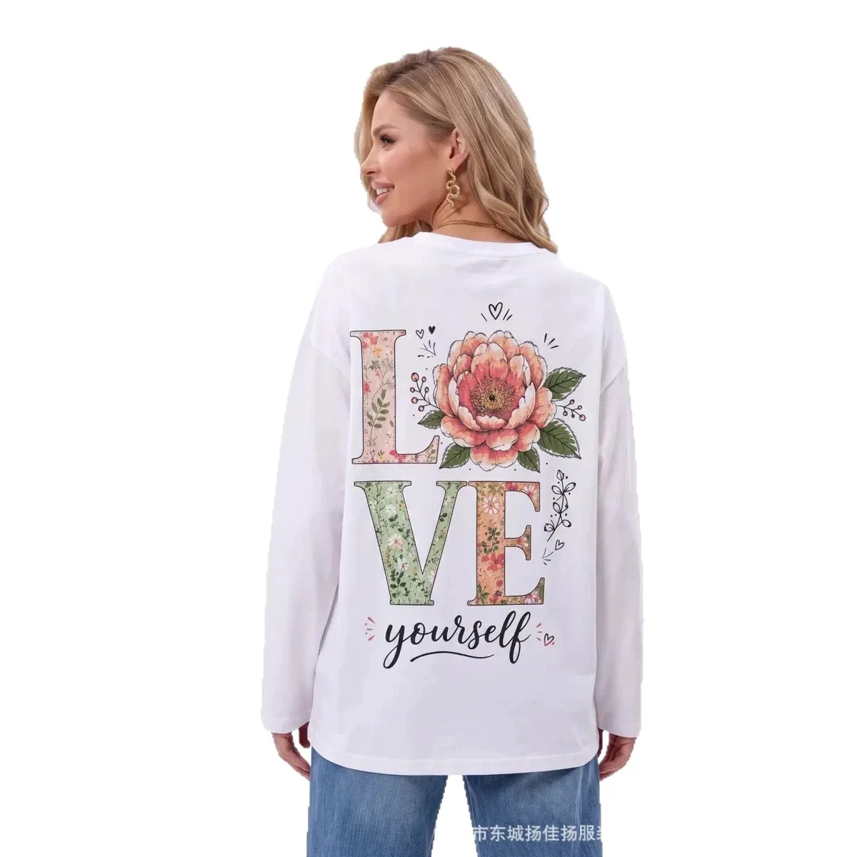 Women 100% Cotton Long Sleeve T‑Shirt Love Yourself Floral Graphic Crew Neck Top Loose Oversized Casual Fall Daily Blouse Tee