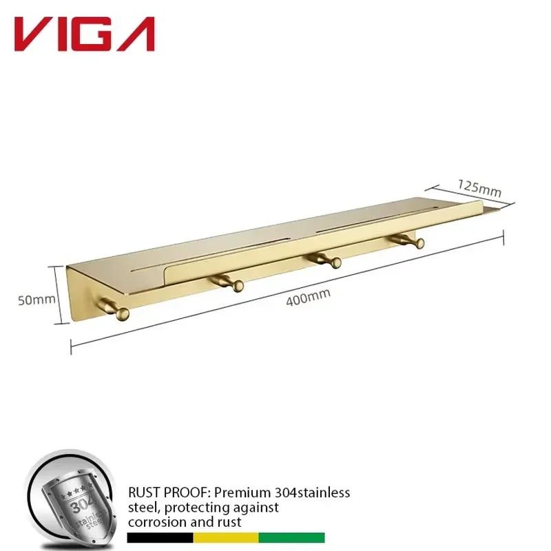 304 Stainless Steel Brushed Gold Bathroom Shelf Single Layer Wall Mounted Storage Rack for Toilet Accessories Hardware Set