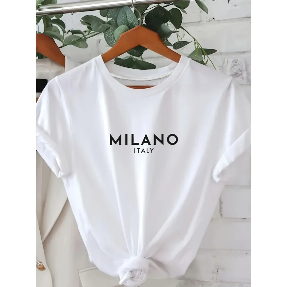 Milano-女性用イタリア文字プリントTシャツ,クルーネックTシャツ,カジュアル半袖Tシャツ,春服,夏,バレンタインデー