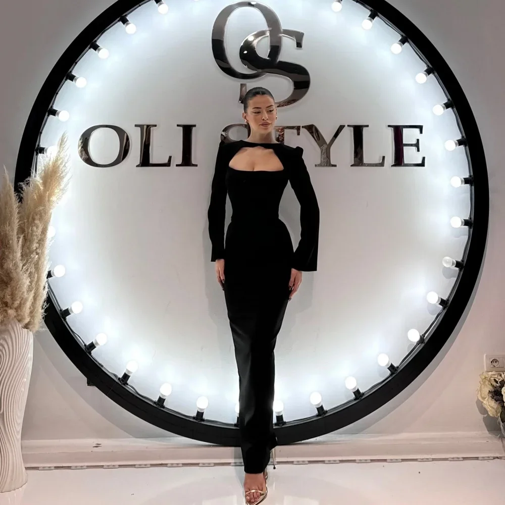 Grazioso abito da ballo in raso elasticizzato a quattro vie Abiti da sera personalizzati alla caviglia Abiti da festa a maniche lunghe