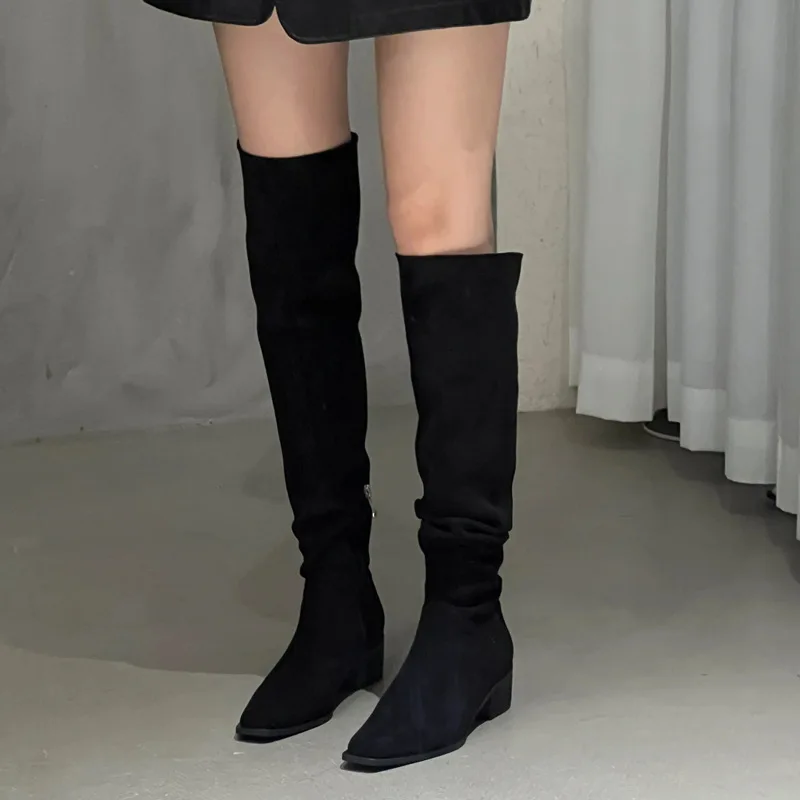 Women Elastic Slimming Suede Long Loots Autumn/Winter Fashion Female Square Toe Low Heel Over The Knee High Booties Botas Mujer - view 4