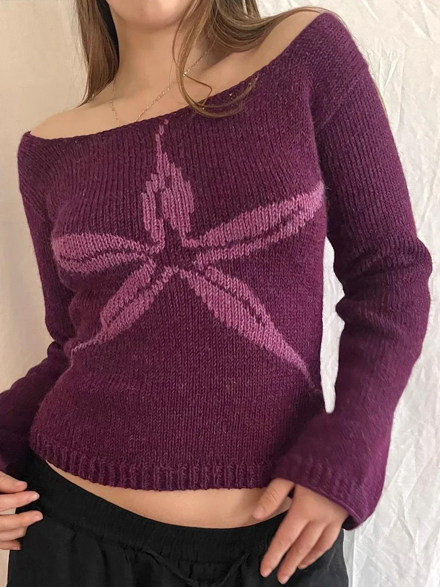 Hirigin Frauen Frühling Herbst Vintage Off Schulter Pullover Schlank Grafik Druck Langarm Gestrickte Dünne Beiläufige Tops Streetwear