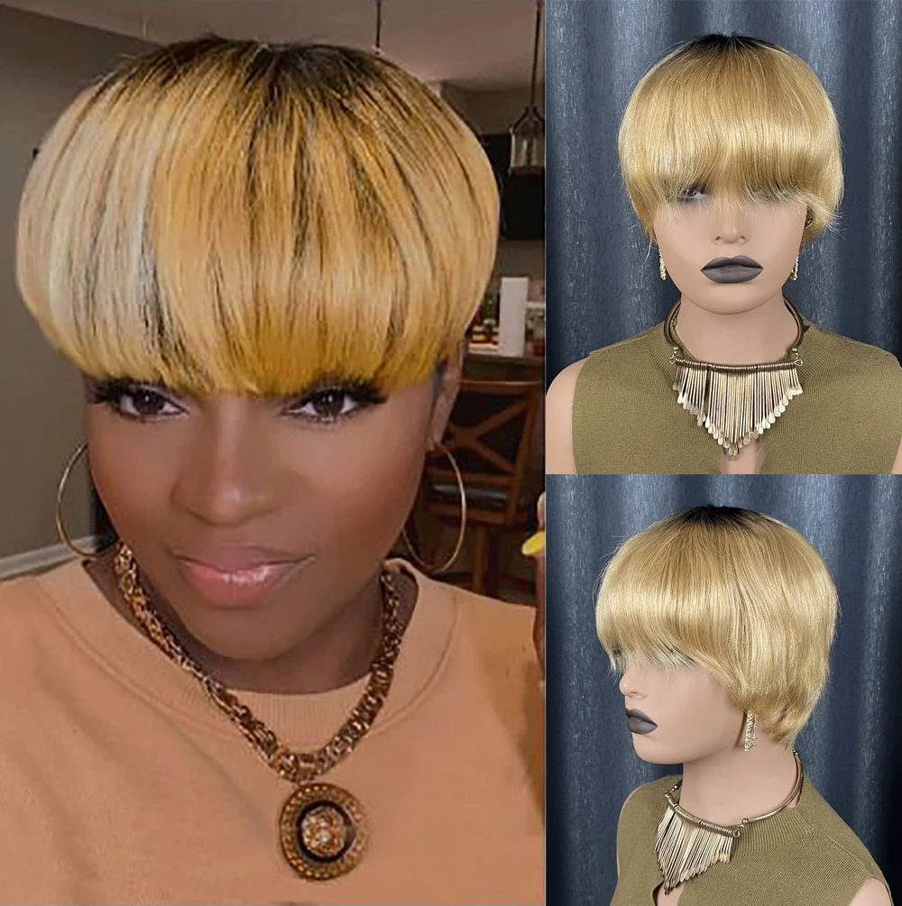 باروكات شعر بشري أشقر قصير مفرود للنساء ذوات البشرة السمراء، قص عابث برازيلي مع غرة شقراء، قبعة مصنوعة آليًا بالكامل جاهزة للارتداء