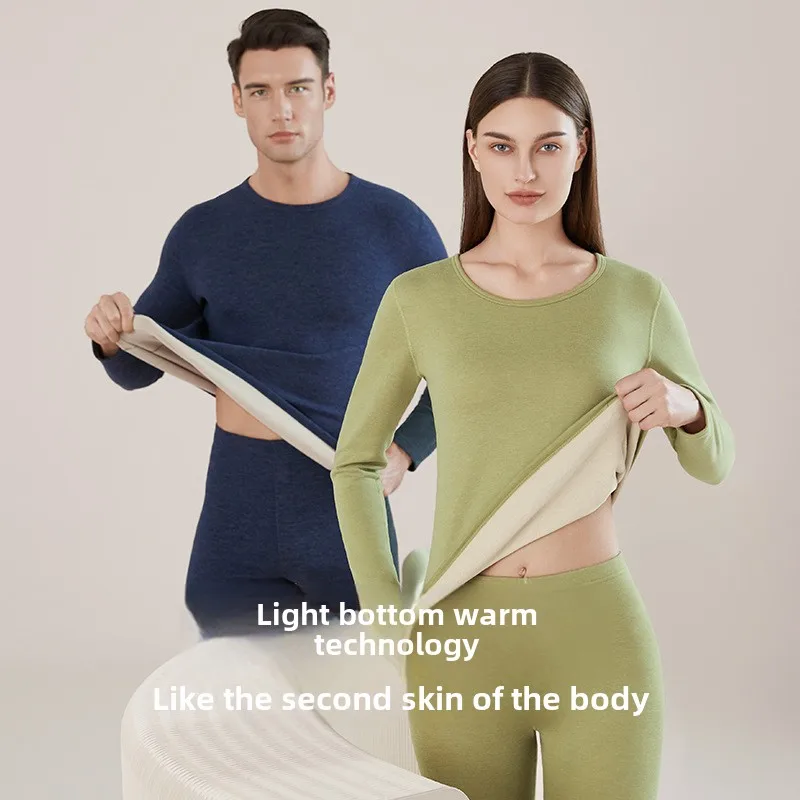 Autumn Winter Women's Underwears O Neck Seamless Cashmere Long Johns Thermals Leggings Two-piece Suit Heating Warm Underwear Men