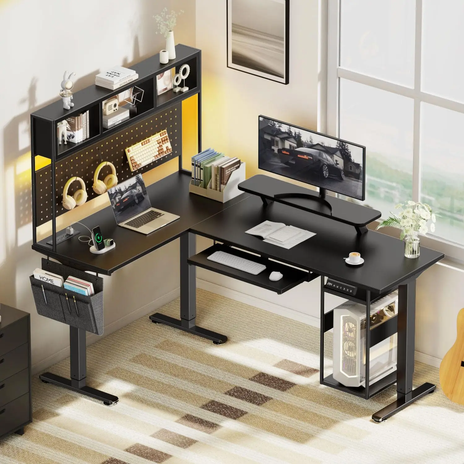 67x47in L-Shaped Electric Standing Desk, Adjustable Height, Host Shelf & LED for Corner Gaming, Custom