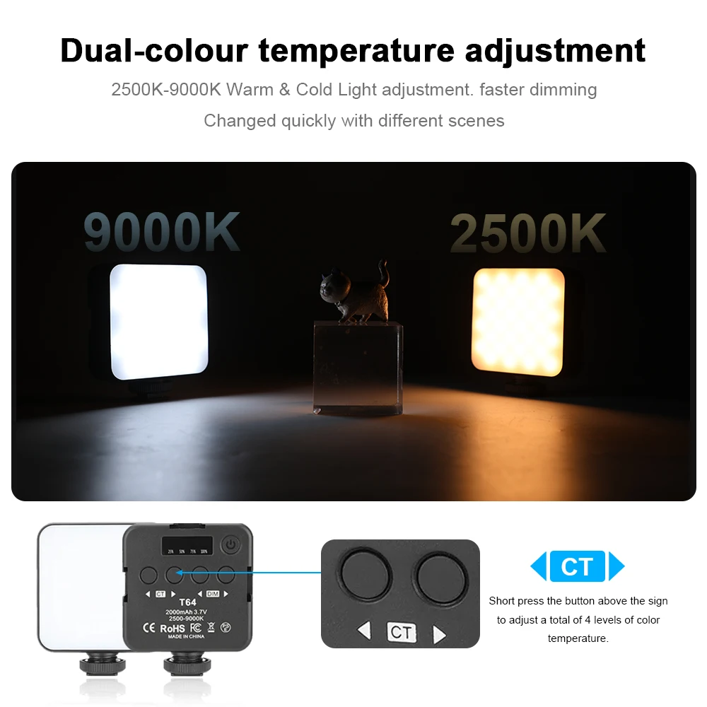 HDRIG LED 비디오 조명, 휴대용 사진 촬영, DSLR 카메라 캠코더 고프로 브이로그용, 2500K-9000K 바이 컬러 조명