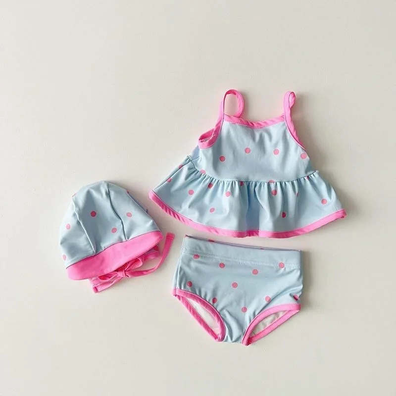 Newborn Baby Girl 3pcs Swimsuit Set Vest+Shorts+Hat Infant Toddler Candy Colored Dots Bathing Suit Summer Baby Clothes12M-10Y