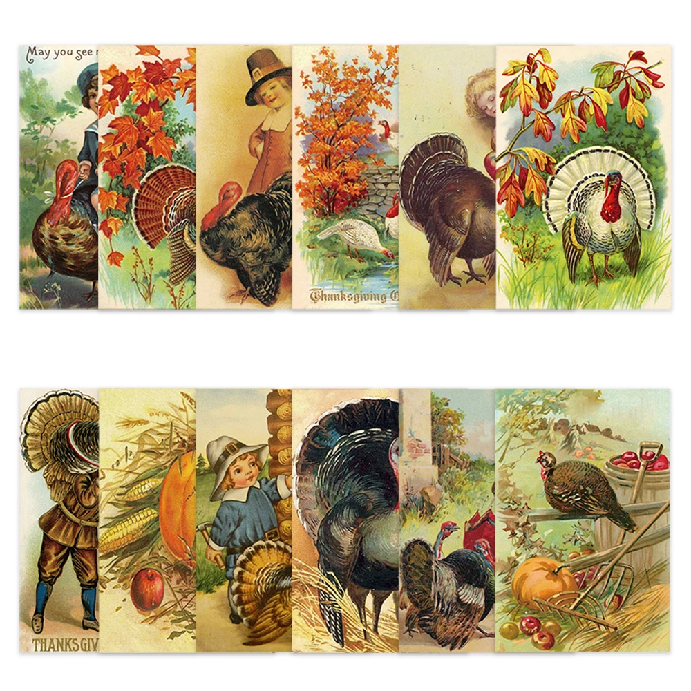 12p Vintage Thanksgiving Greeting Card Pumpkin Turkey Postcard Celebrating Autumn Harvest Retro Blessing Card Thanksgiving Decor