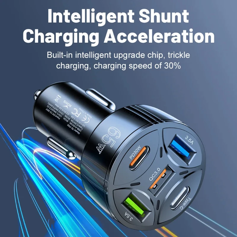 5 Port 65W USB Car Chargers Type C Car Charger Fast Charging PD QC3.0 Phone Charger in Car Cigarette Lighter Flash Charge