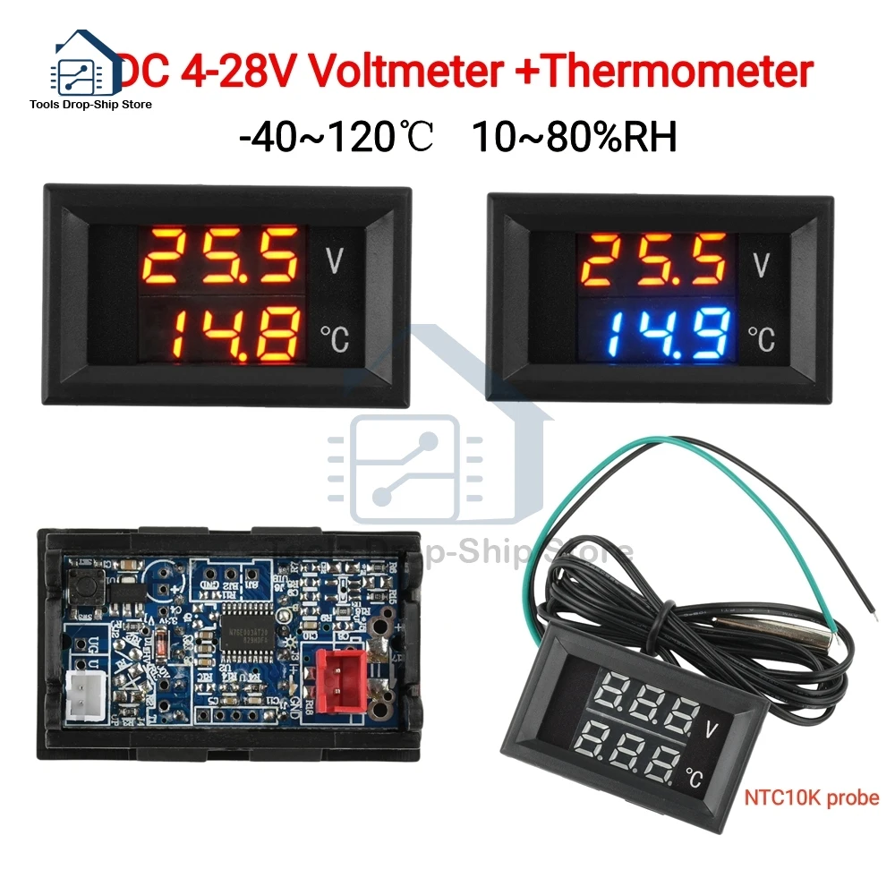 

DC 4-28V Digital Dual Display Voltmeter Temperature Meter Voltage Tester Temperature Sensor With 1m NTC 10K Probe Temp Detector