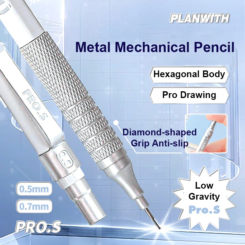 Planwith Mechanical Pencil in Exquisite Box 0.5/0.7mm Metallic Hexagonal Body Low Gravity Pro Drawing Pencils Quality Stationery