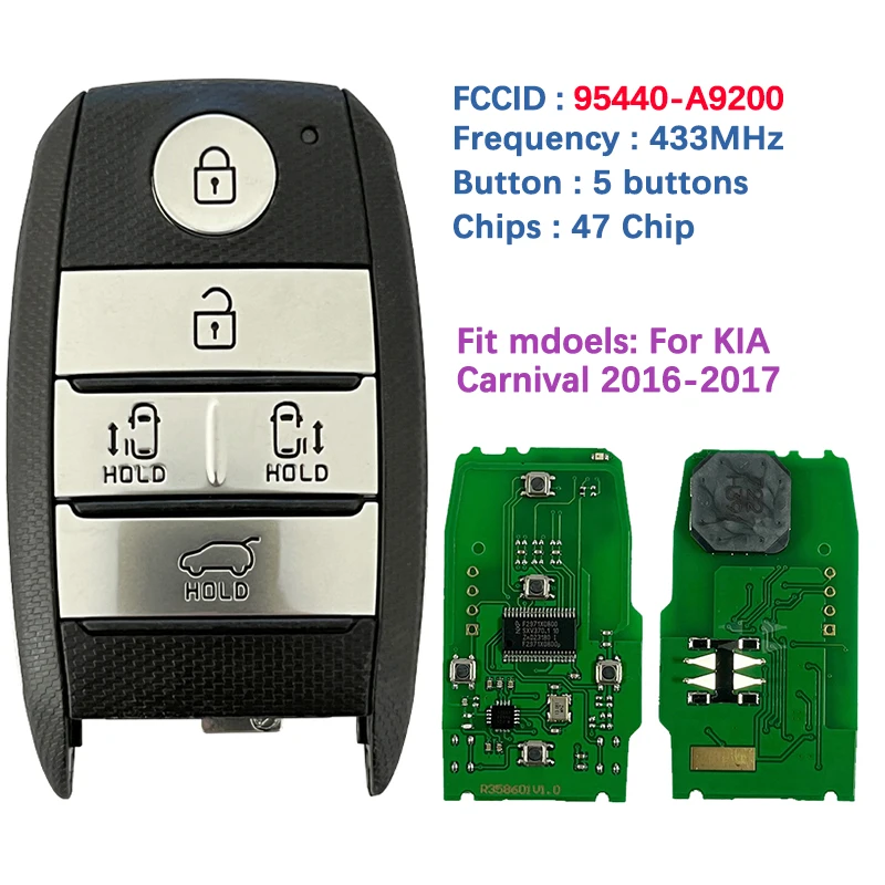 CN051163 Aftermarket Key Smart Remote Key 433 MHz HITAG 3/47 chip FCC SVI-YPFGE05 95440-A9200 For KIA Carnival 2016-2017