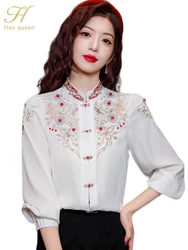 H Han Queen Spring Autumn Bead Embroidery Chiffon Simple Elegant Blouse Female Shirt Loose Tops Long Sleeve Casual Blouses Women