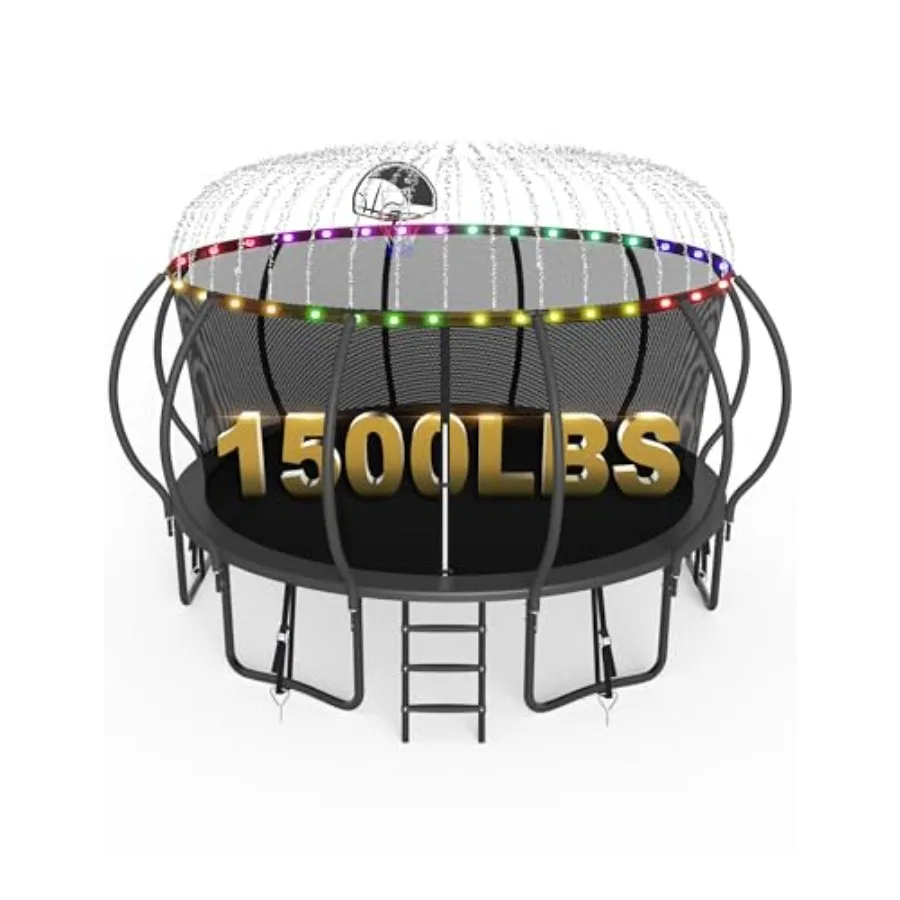 

Recreational trampoline for kids and adults galvanized steel frame black 1500lbs capacity ASTM approved includes light sprinkle